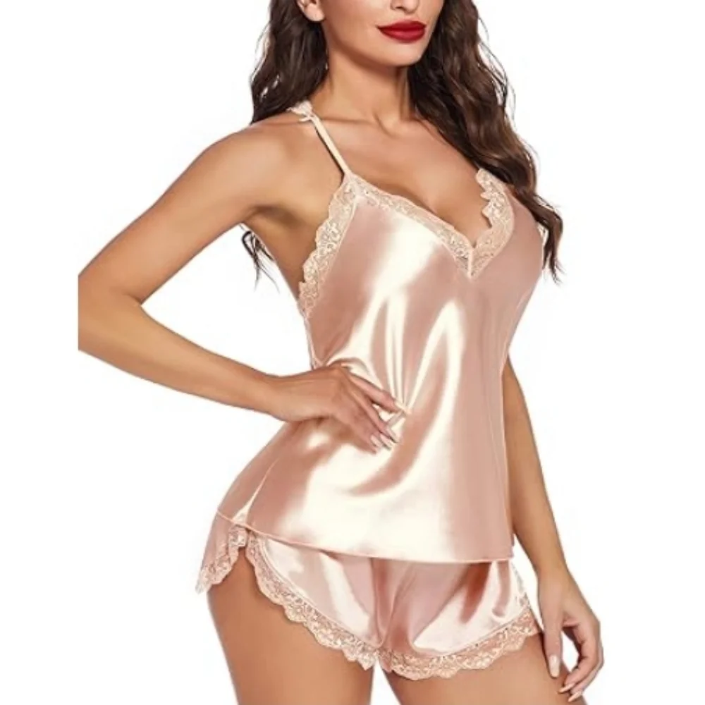 Nightwear Satin Pajamas Set Sleepwear Womens Sexy Lingerie Champagne - Picture 7 of 9
